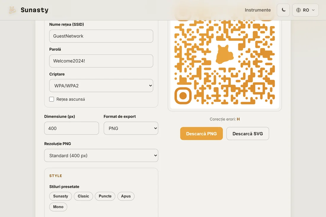Un cod QR stilizat cu un logo personalizat în centru, gata de descărcat ca PNG sau SVG