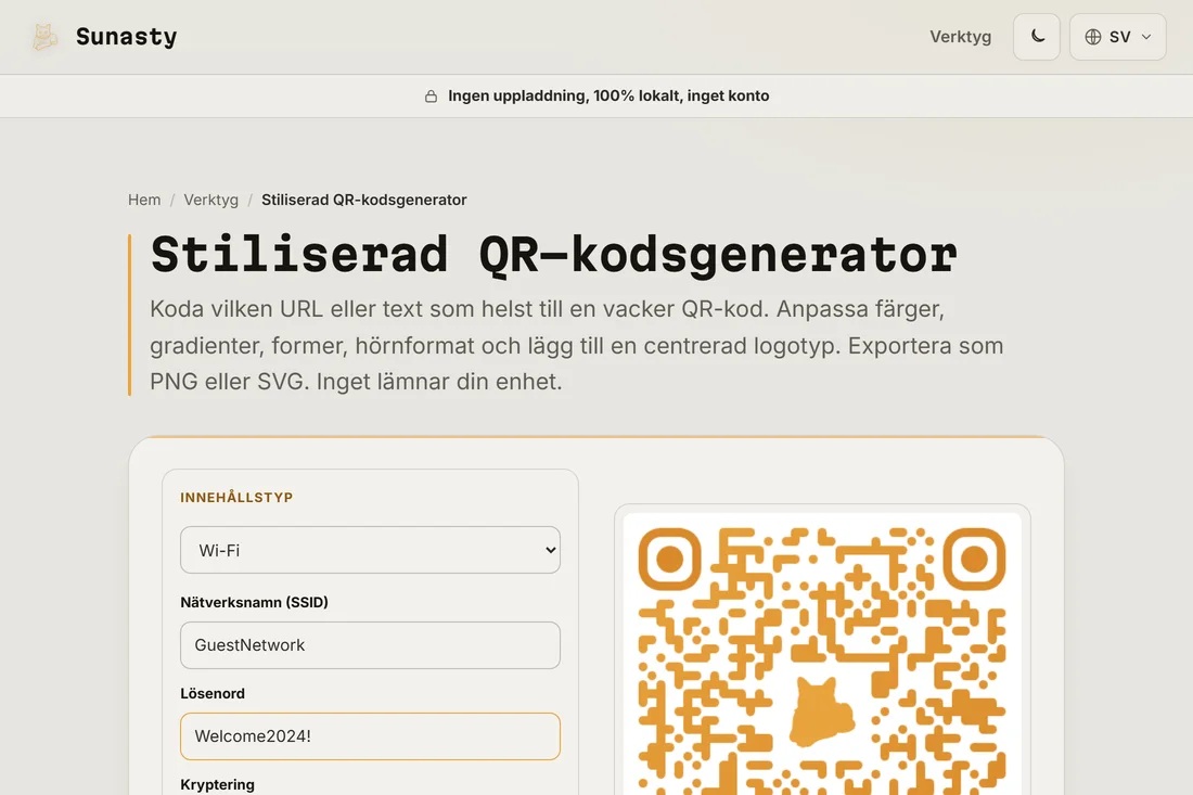 QR-kodgeneratorn med innehållstypen Wi-Fi vald och ett SSID och lösenord ifyllda