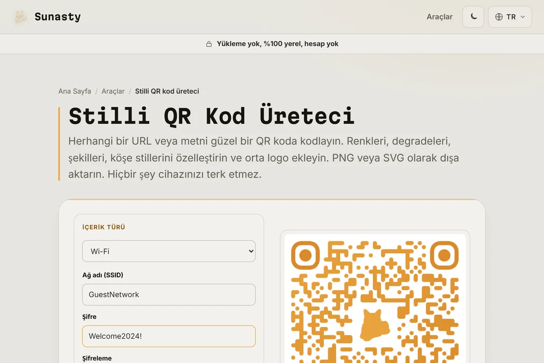 Wi-Fi icerik turu secili, SSID ve sifre doldurulmus haldeki QR kod ureteci