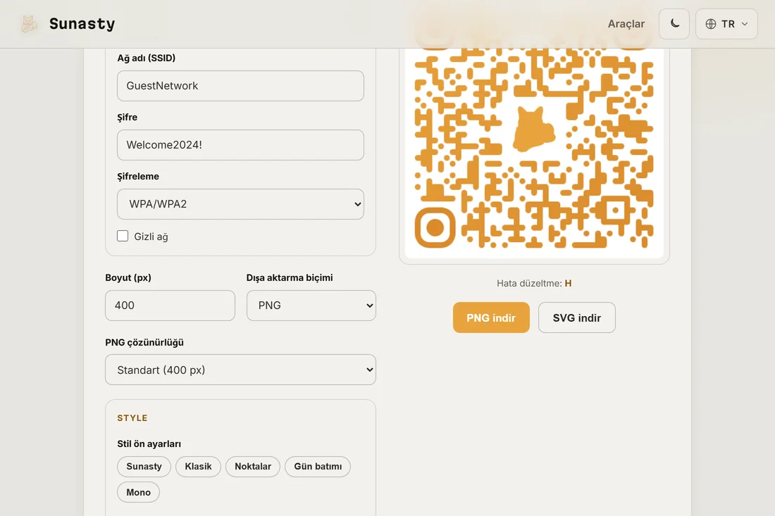 Ortasinda ozel bir logo bulunan, PNG veya SVG olarak indirmeye hazir stilize edilmis bir QR kod