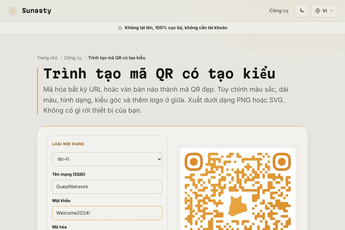 Trình tạo mã QR với loại nội dung Wi-Fi được chọn cùng SSID và mật khẩu đã điền